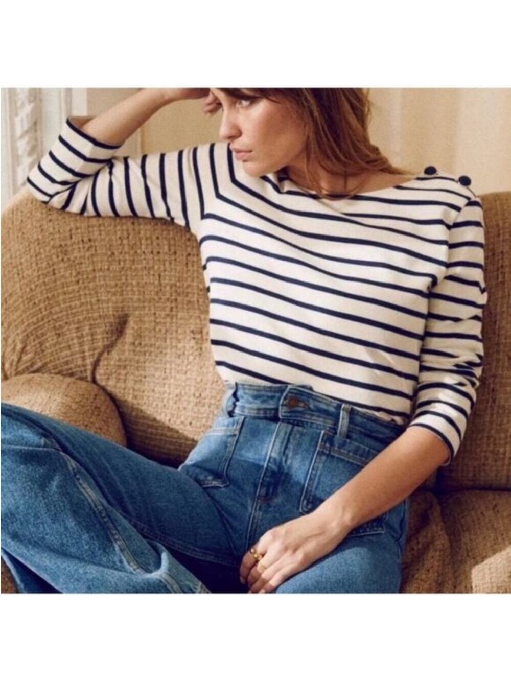 Sezane Colette Mariniere Navy Stripe Top Button Shoulder Size M